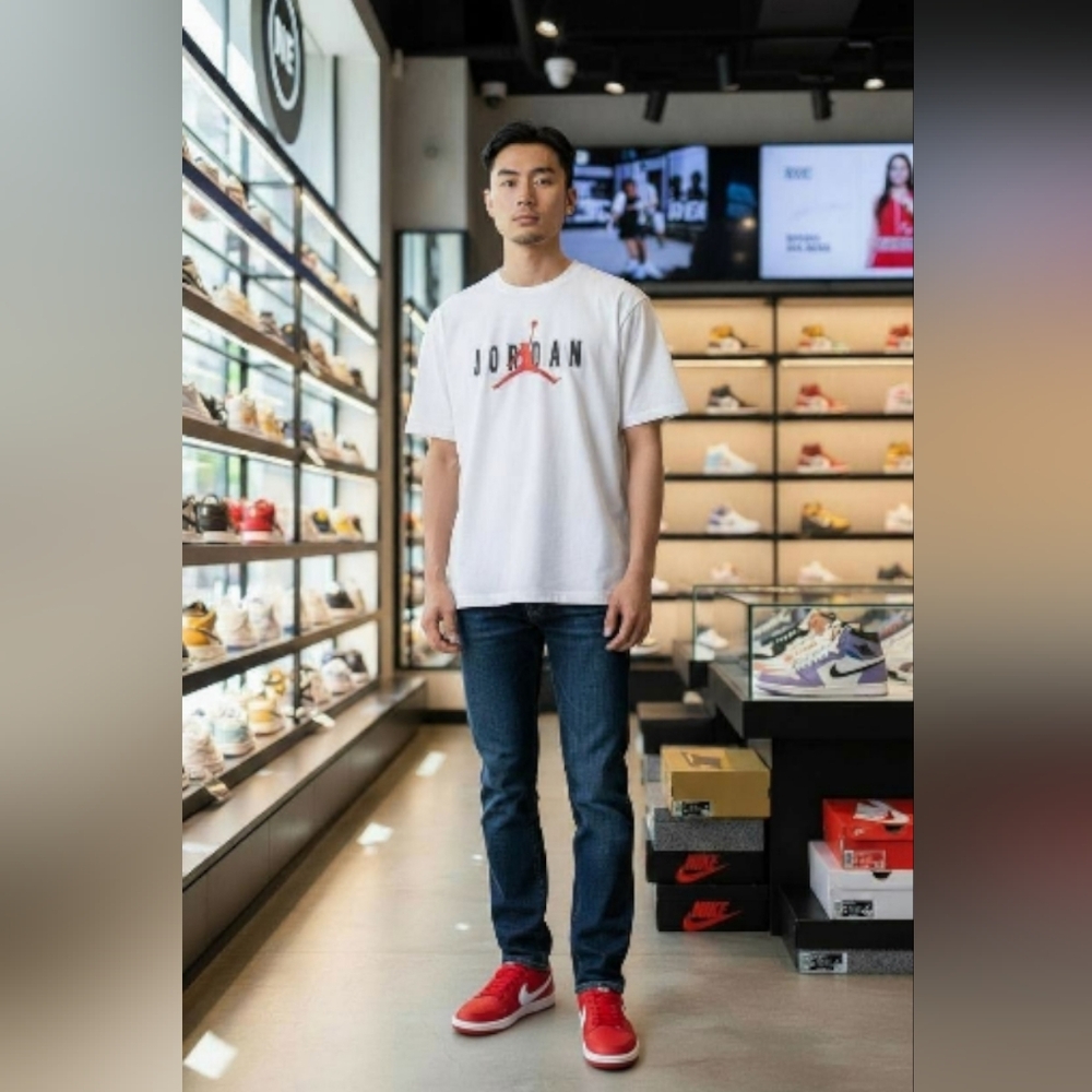 Men's New Cotton Casual Sports Print White T-Shirt with Red Logo